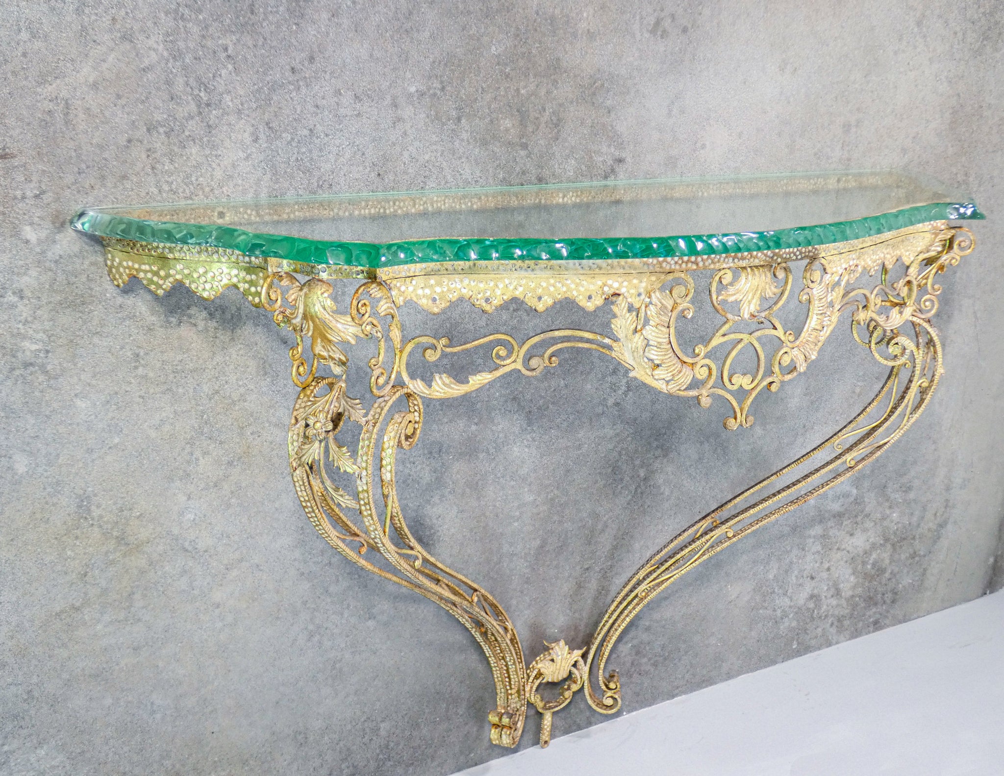 console pier luigi colli design 1950 metallo dorato vetro scalpellato vintage