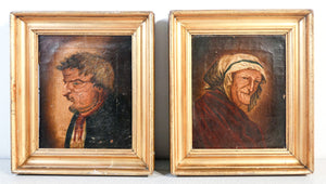coppia antichi ritratti grotteschi quadri dipinti olio tela anziani epoca 800
