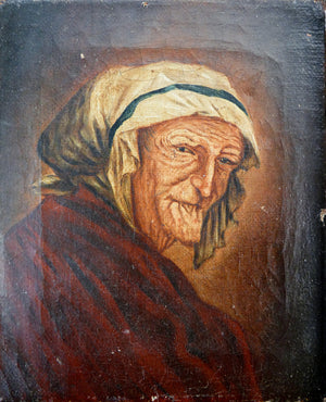 coppia antichi ritratti grotteschi quadri dipinti olio tela anziani epoca 800