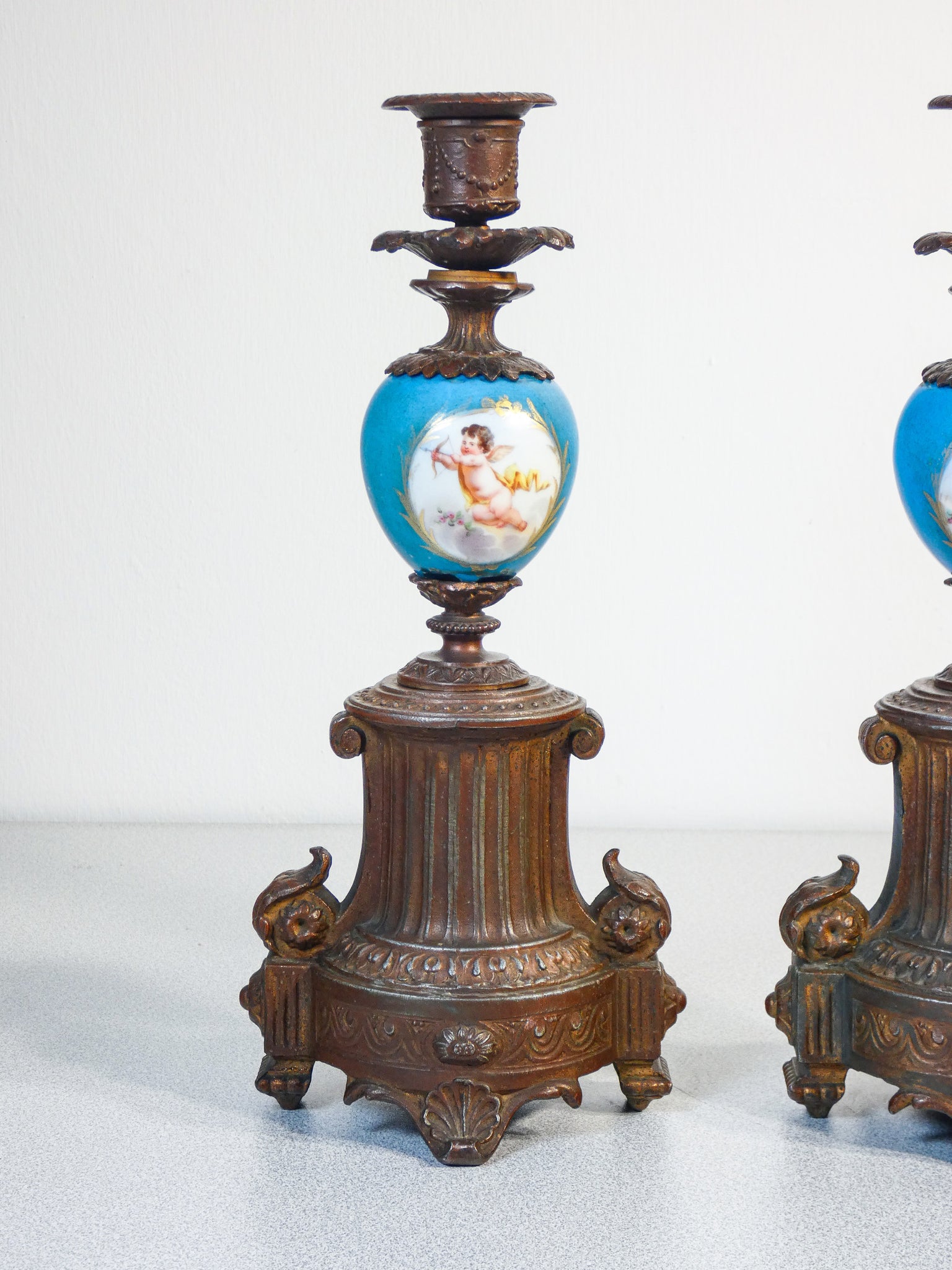 coppia candelabri ceramica dipinta a mano metallo luigi xvi candelieri antica