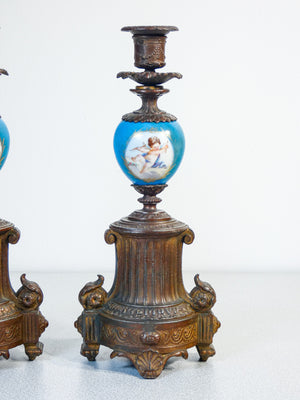 coppia candelabri ceramica dipinta a mano metallo luigi xvi candelieri antica