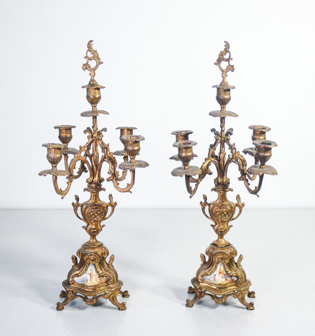 coppia candelabri cinque lumi ottone epoca 1800 dipinti porta candela antica