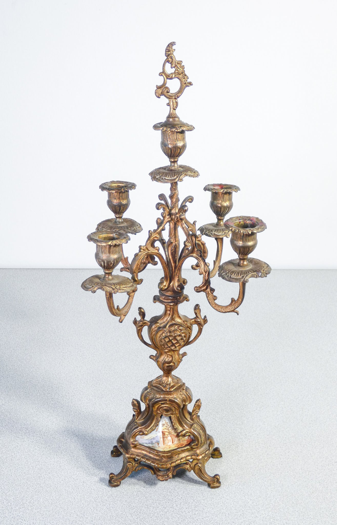 coppia candelabri cinque lumi ottone epoca 1800 dipinti porta candela antica
