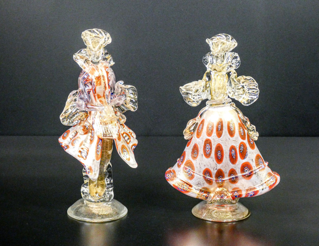 coppia figure goldoniane vetro soffiato policromo dorato murano cavaliere dama