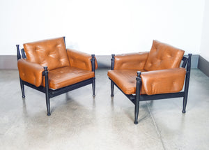coppia poltrone design legno laccato pelle epoca 1970s vintage armchairs