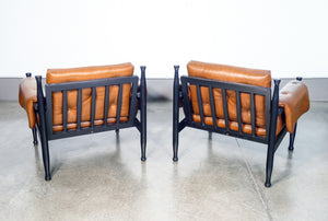 coppia poltrone design legno laccato pelle epoca 1970s vintage armchairs