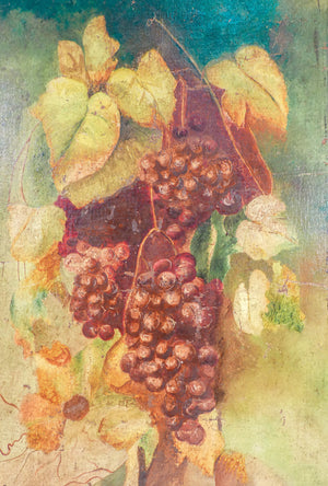coppia quadro natura morta dipinto olio tavola vigna uva frutta epoca 1900