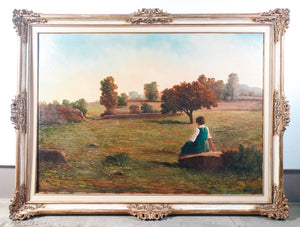 grande quadro dipinto olio tela cornice legno paesaggio campestre meta 1900