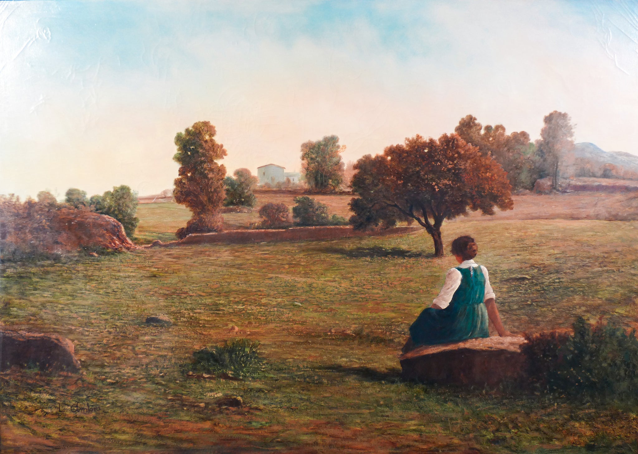grande quadro dipinto olio tela cornice legno paesaggio campestre meta 1900