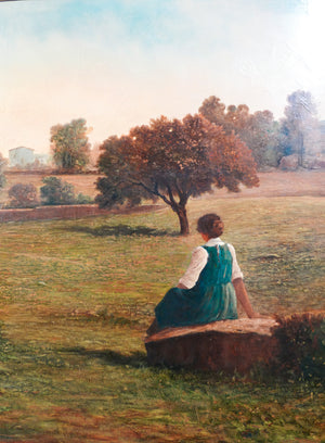 grande quadro dipinto olio tela cornice legno paesaggio campestre meta 1900