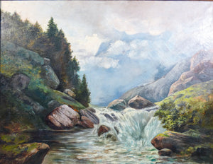 grande quadro paesaggio montagna torrente dipinto olio tela firmato c bruno