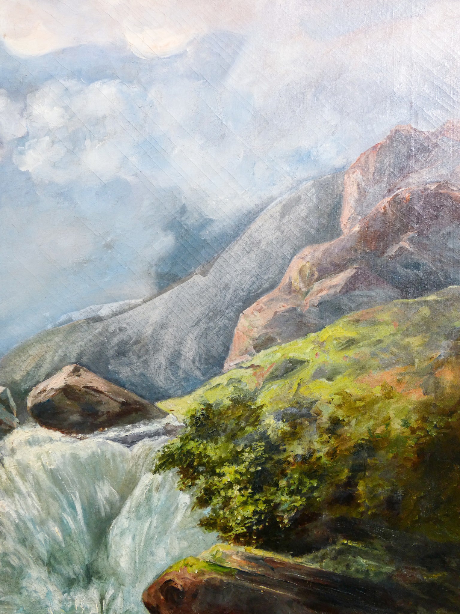 grande quadro paesaggio montagna torrente dipinto olio tela firmato c bruno