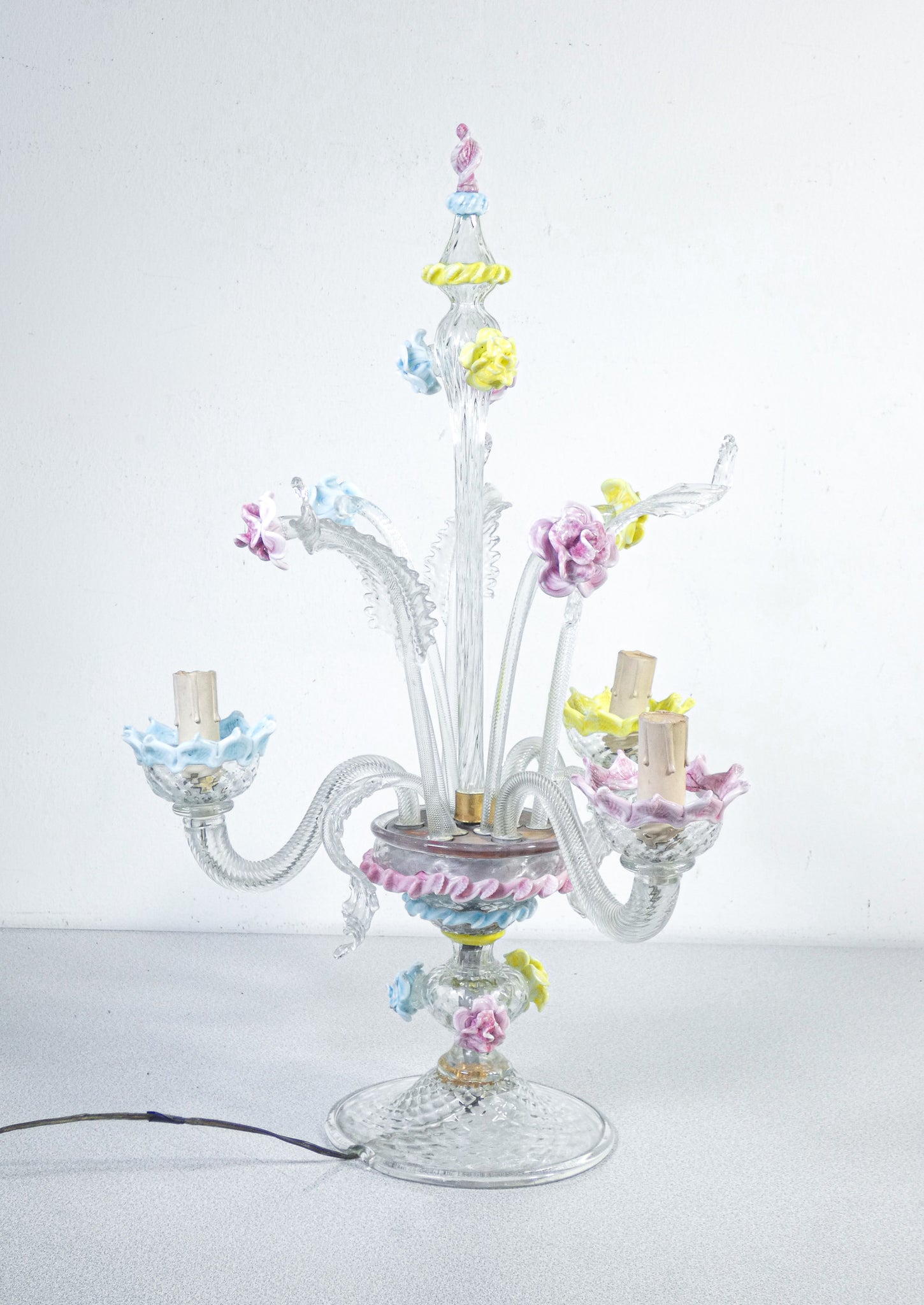 lampada tavolo vetro soffiato murano fiori foglie blown glass venice table lamp 