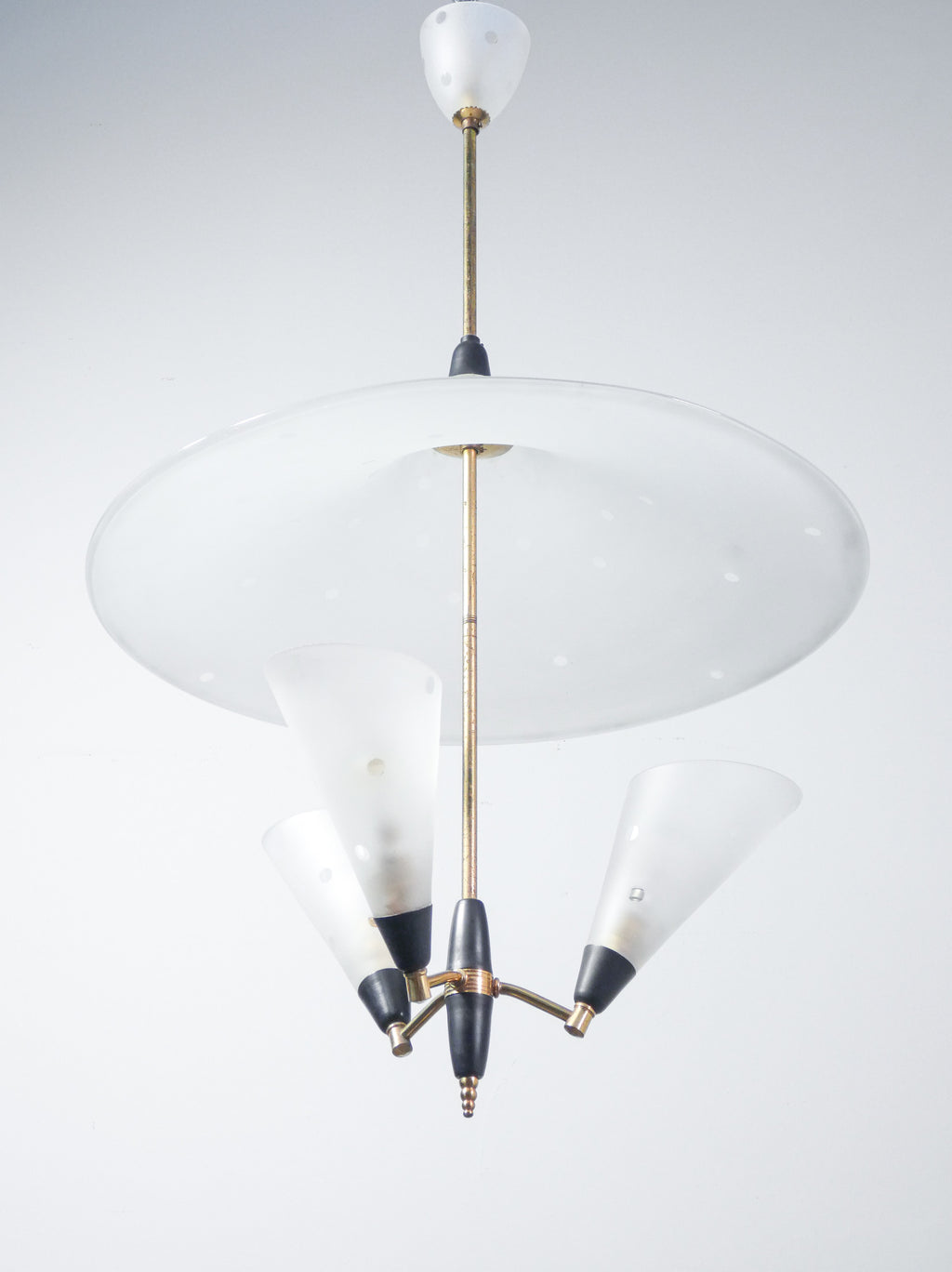 lampadario design italiano vintage epoca 1950s vetro acidato metallo dorato