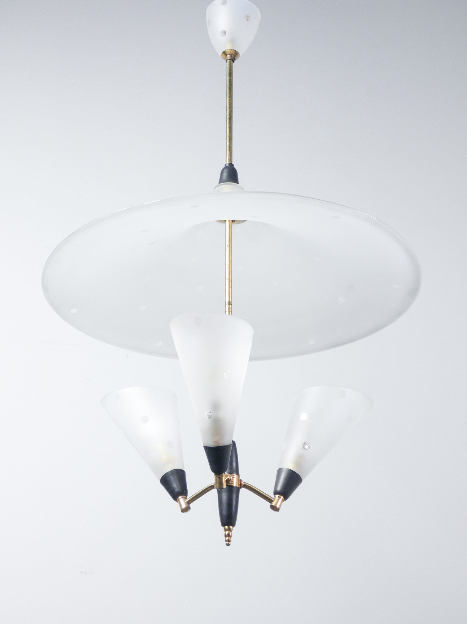 lampadario design italiano vintage epoca 1950s vetro acidato metallo dorato