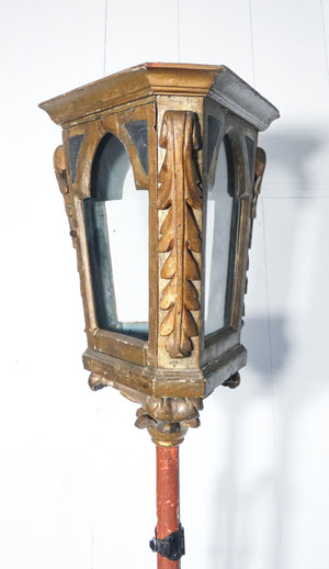 lampione epoca 1800 legno dorato scolpito ferro battuto lanterna candela antico