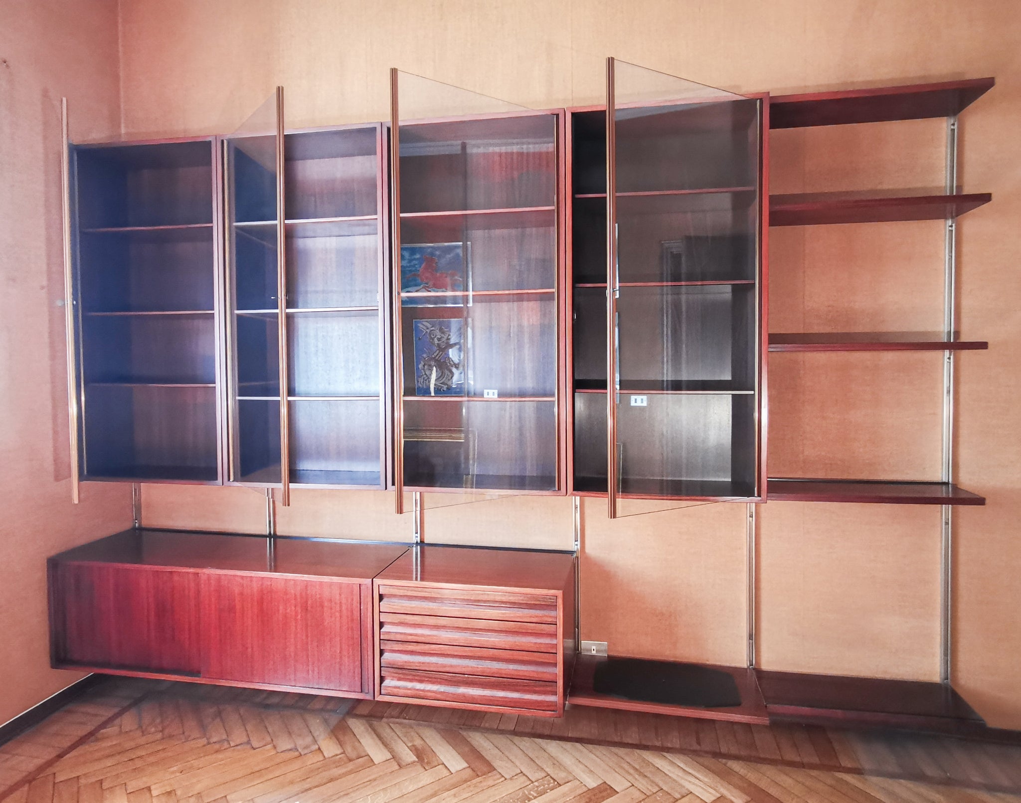 libreria a muro e22 design osvaldo borsani per tecno 1950s legno palissandro