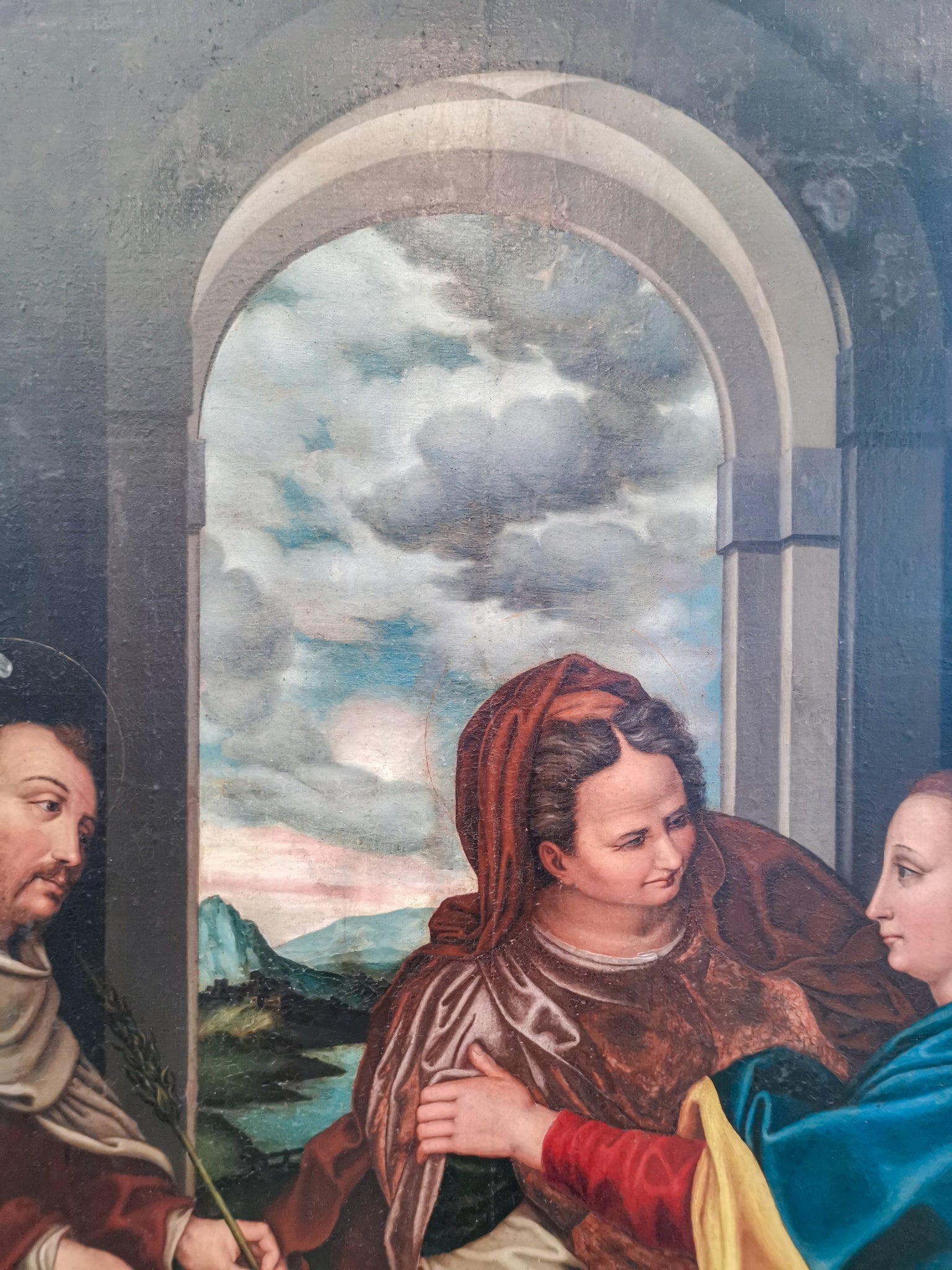 monumentale dipinto 1500 visitazione maria xvi sec quadro olio tela antico
