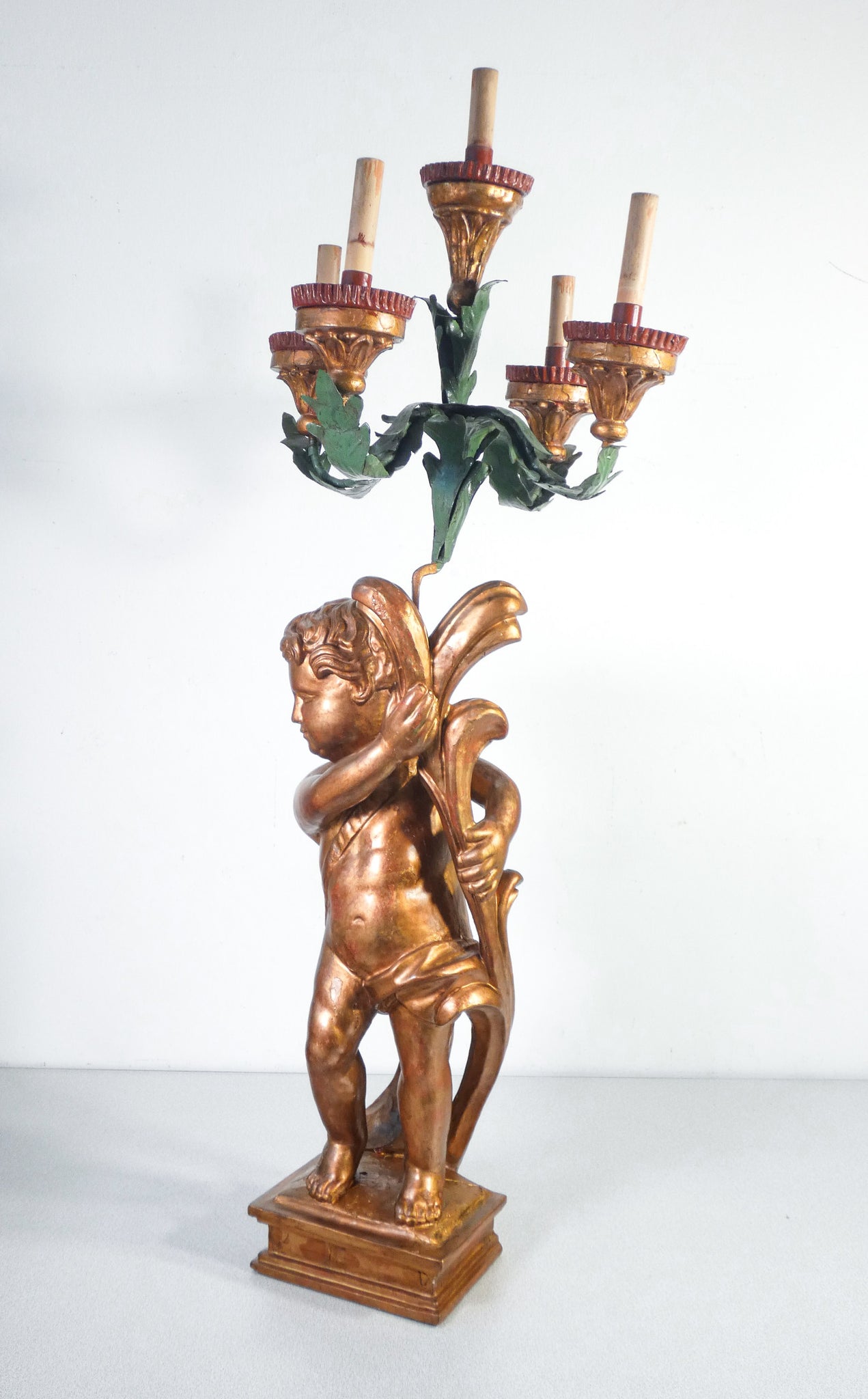 putto candeliere candelabro statua scultura legno dorato epoca 1700 antico