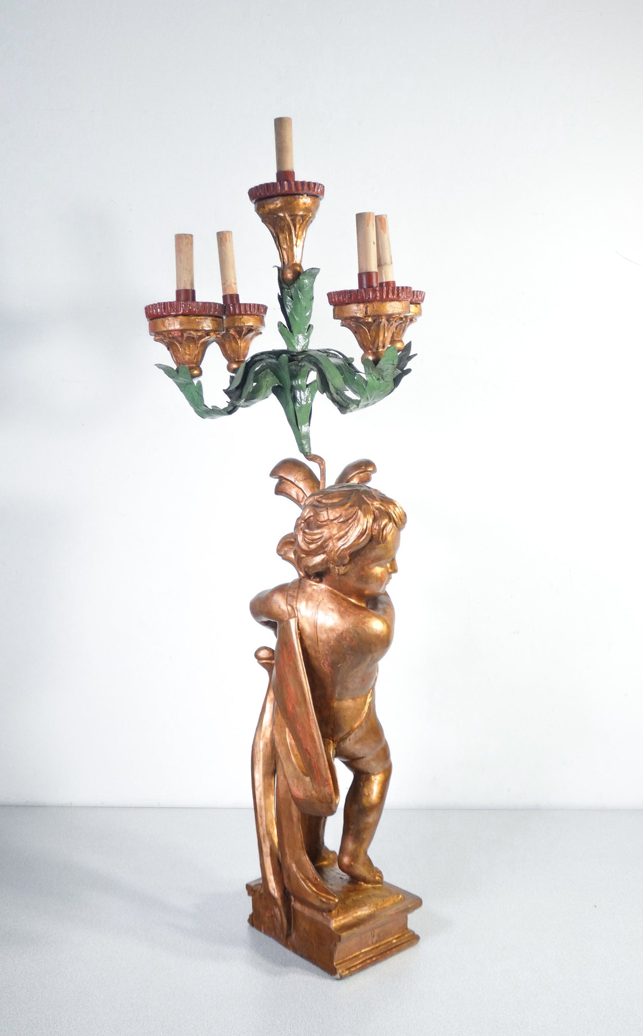 putto candeliere candelabro statua scultura legno dorato epoca 1700 antico