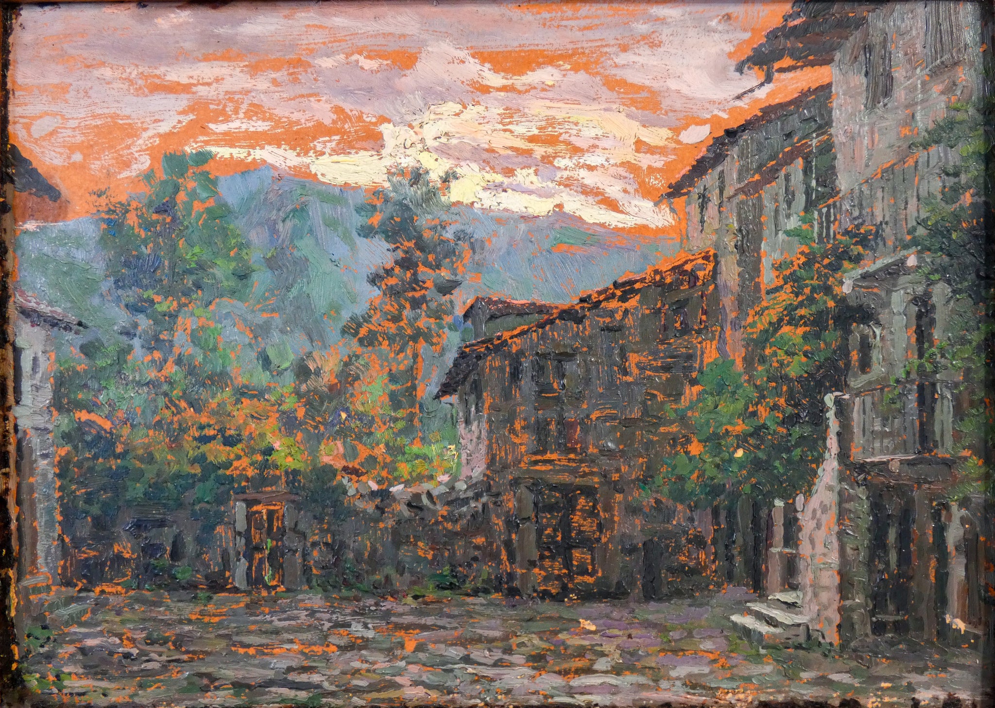 quadro attr guido cinotti dipinto olio tavola epoca 1900 paesaggio cortile