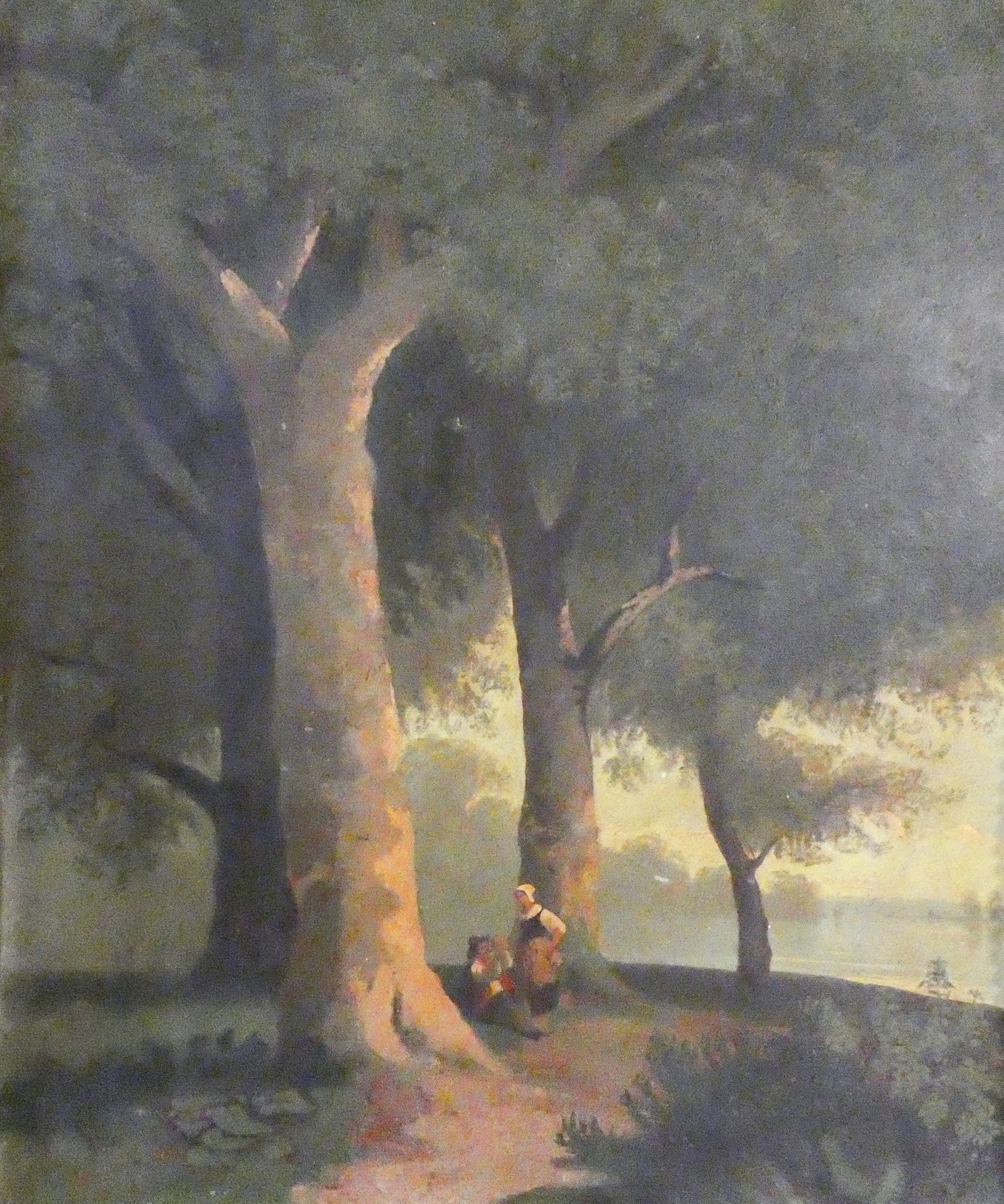 quadro dipinto olio paesaggio bosco famiglia francia 1900 cornice antico