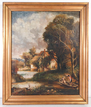 quadro dipinto olio tela epoca 1800 paesaggio fiume barca amanti antico