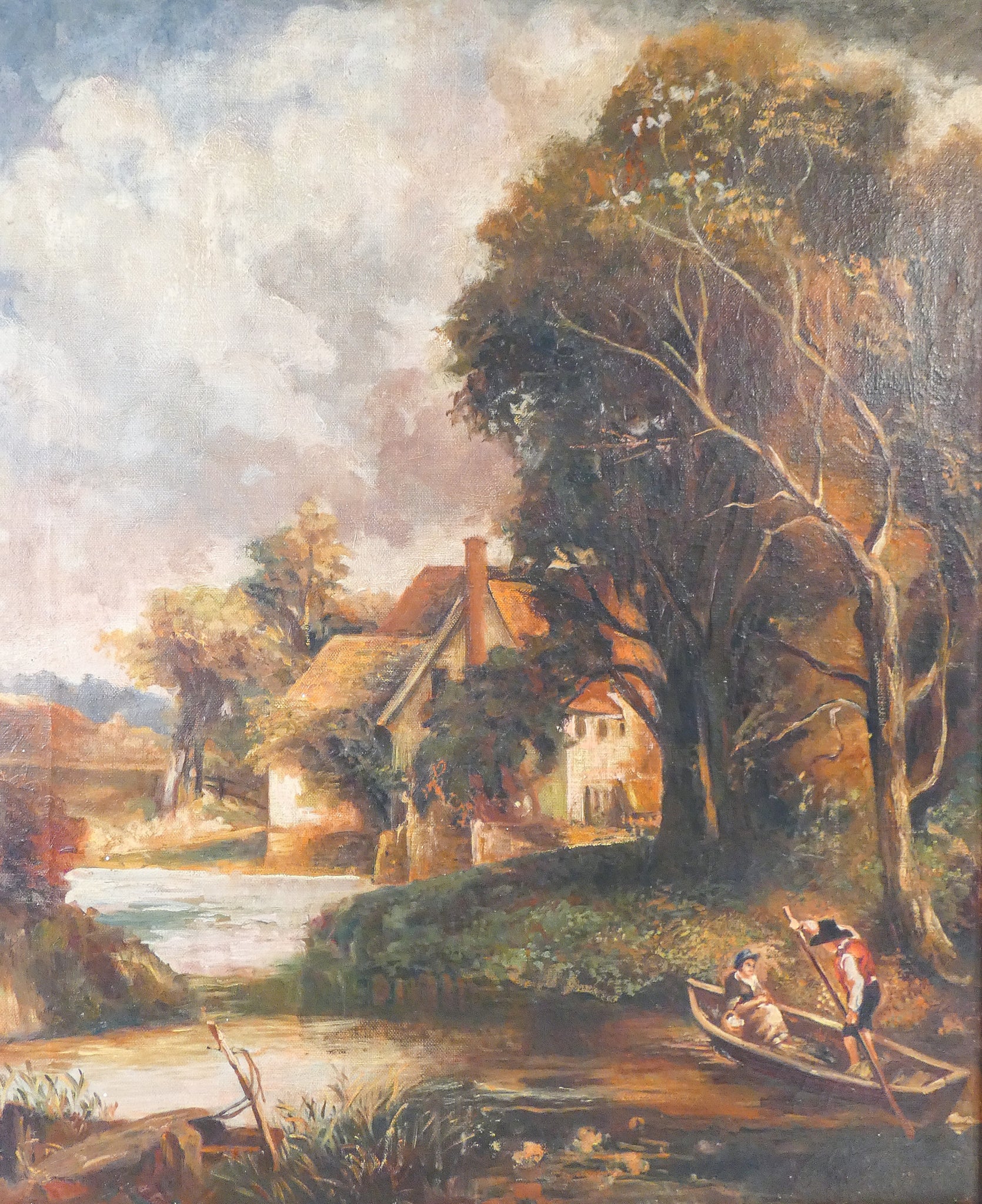 quadro dipinto olio tela epoca 1800 paesaggio fiume barca amanti antico