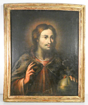 quadro epoca 1700 gesu cristo salvator mundi dipinto olio tela cornice antico