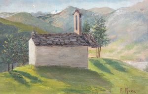 quadro firmato alberto rossi serenita paesaggio chiesa montagna dipinto olio