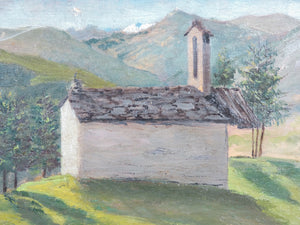 quadro firmato alberto rossi serenita paesaggio chiesa montagna dipinto olio