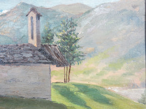 quadro firmato alberto rossi serenita paesaggio chiesa montagna dipinto olio