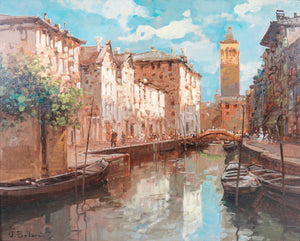 quadro firmato canale venezia epoca 1950 dipinto olio masonite cornice dorata