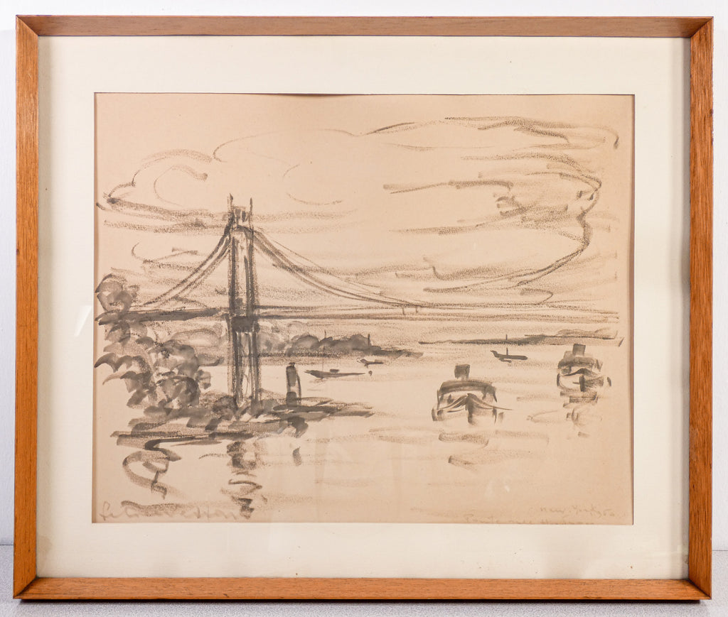 quadro firmato felice vellan 1960 carboncino carta new york ponte hudson
