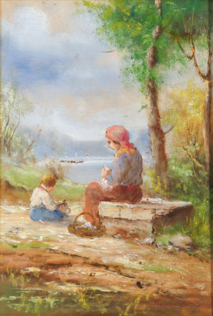 quadro firmato ferruccio mancini bambine lago ragazze epoca 900 dipinto olio 
