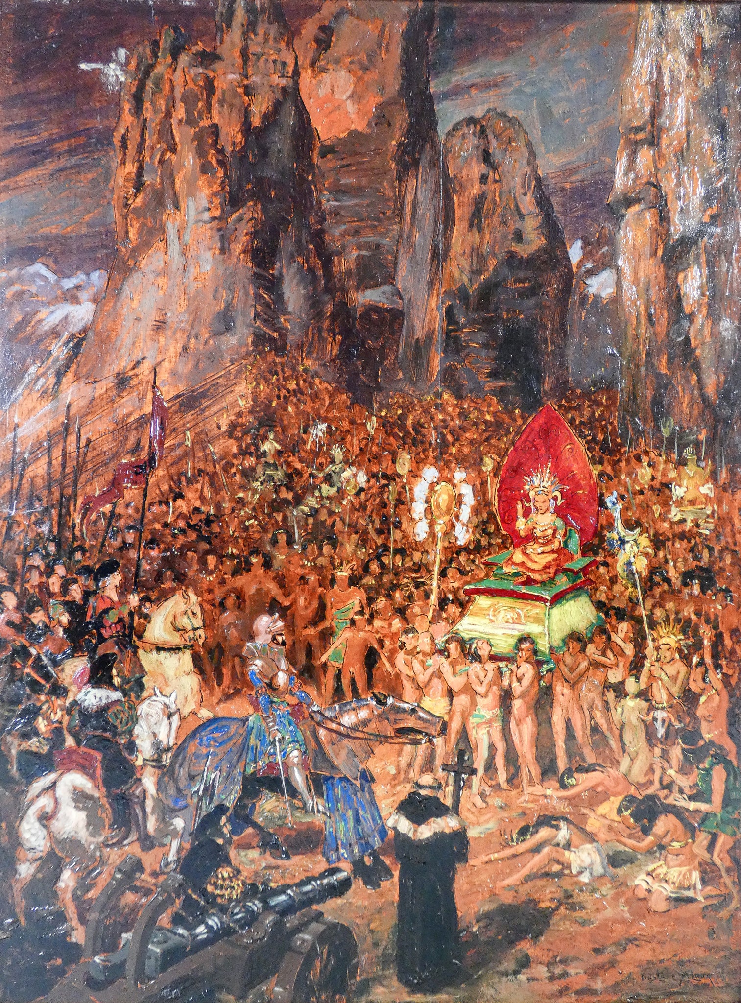 quadro firmato gustave alaux pizarro atahualpa dipinto olio tavola primo 1900