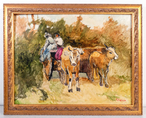 quadro firmato r salino scena pastorale carro buoi dipinto olio tavola novara
