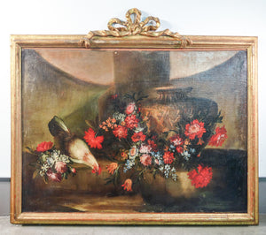 quadro natura morta vaso fiori cornice scolpita dipinto olio tela epoca 1800