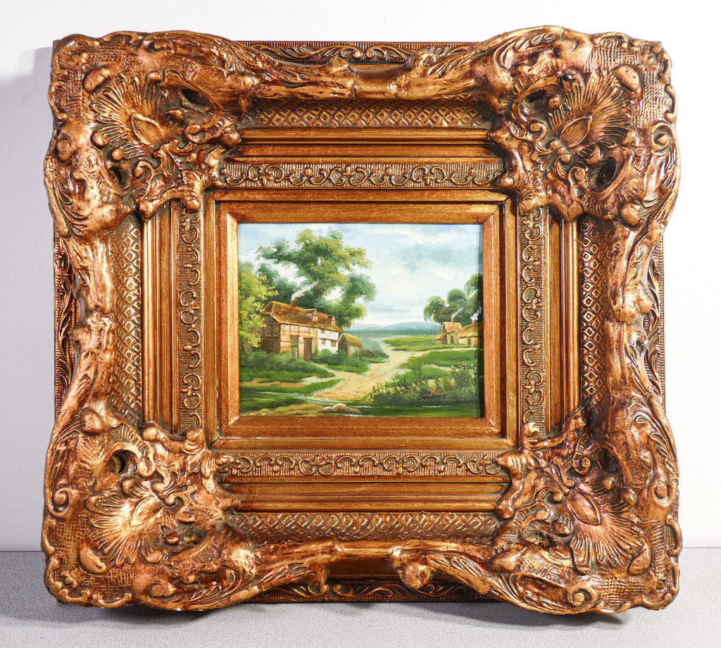 quadro paesaggio bosco dipinto olio tavola ricca cornice dorata epoca 1900