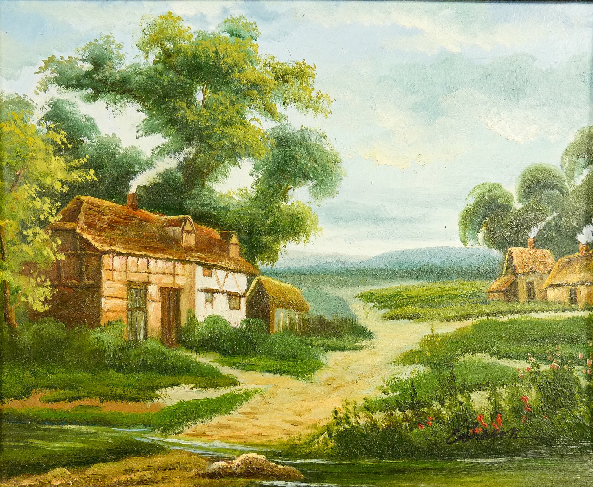 quadro paesaggio bosco dipinto olio tavola ricca cornice dorata epoca 1900