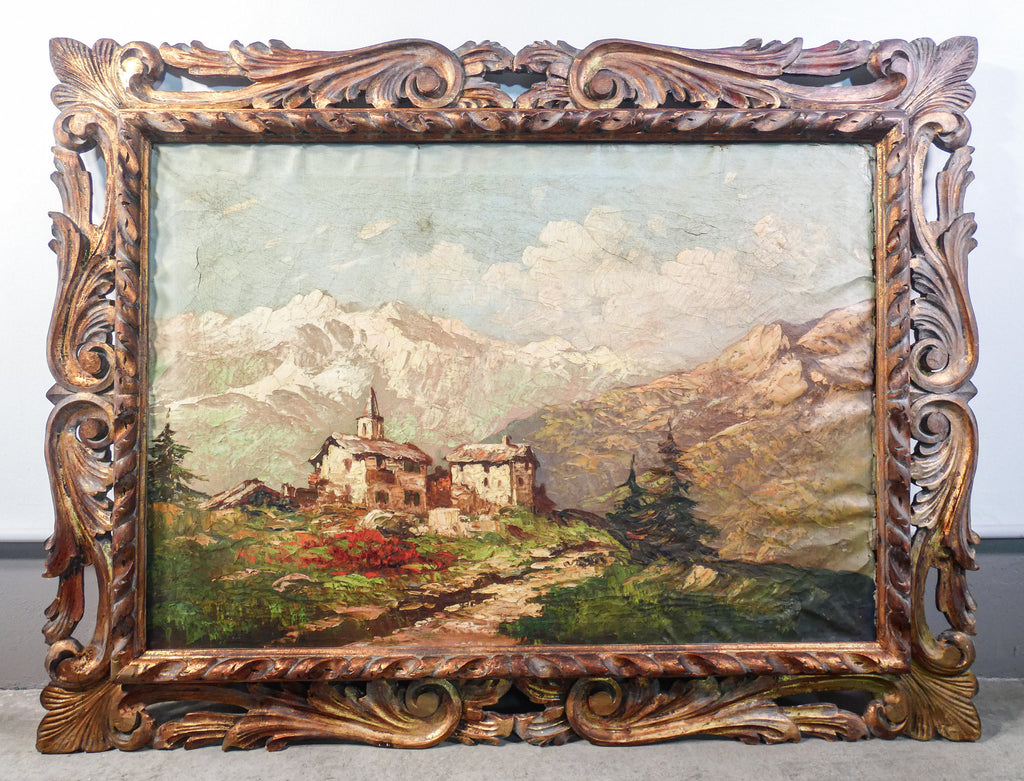 quadro paesaggio epoca 1800 dipinto olio tela cornice legno scolpito dorato