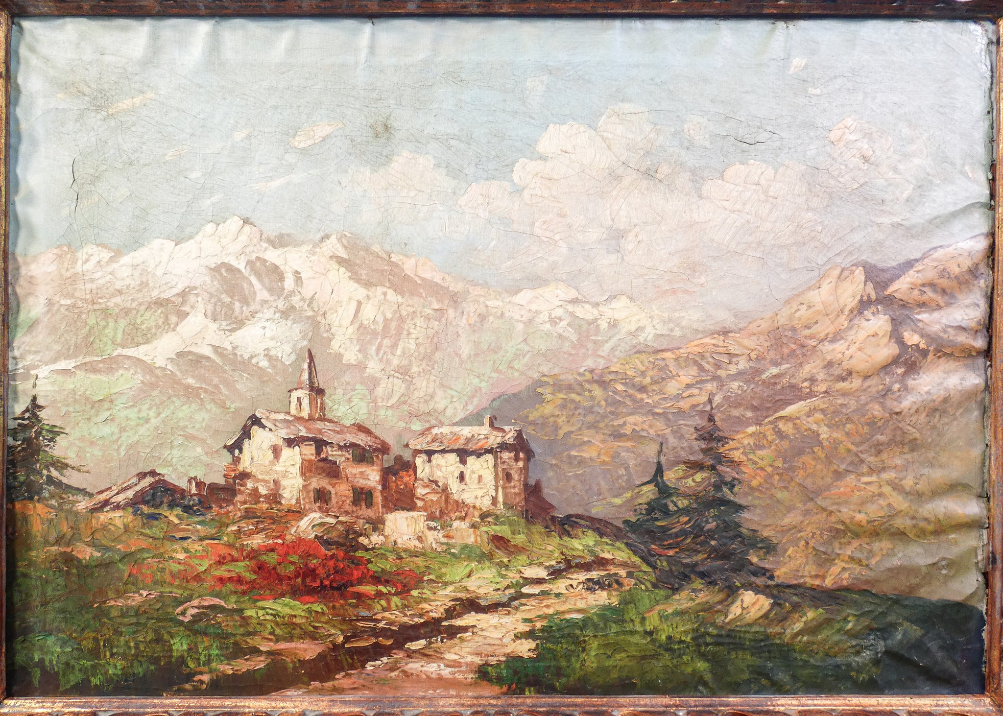 quadro paesaggio epoca 1800 dipinto olio tela cornice legno scolpito dorato