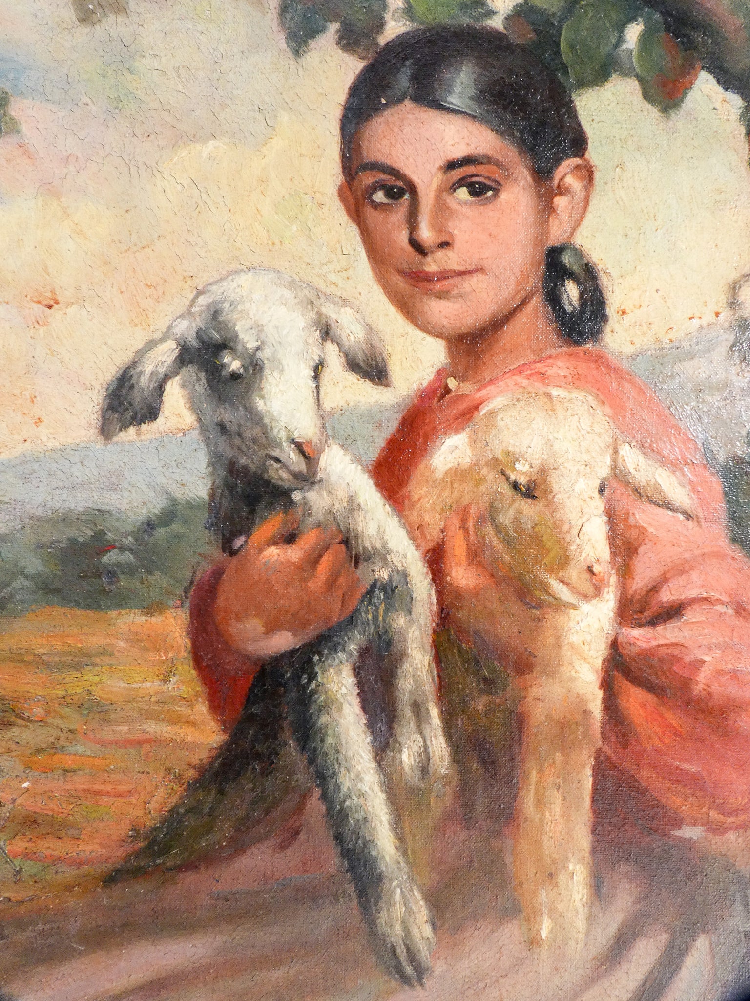 quadro pastorella agnelli ritratto bambina pastorale dipinto olio tela 1900