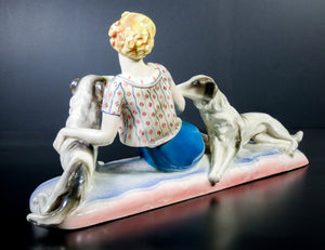 scultura ceramica liberty art deco attr lenci donna cani levrieri epoca 1930s