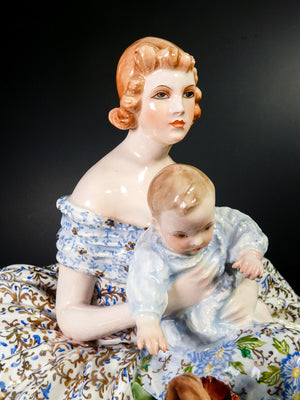 scultura guido cacciapuoti damigella bambino fiori epoca 1940 ceramica dipinta