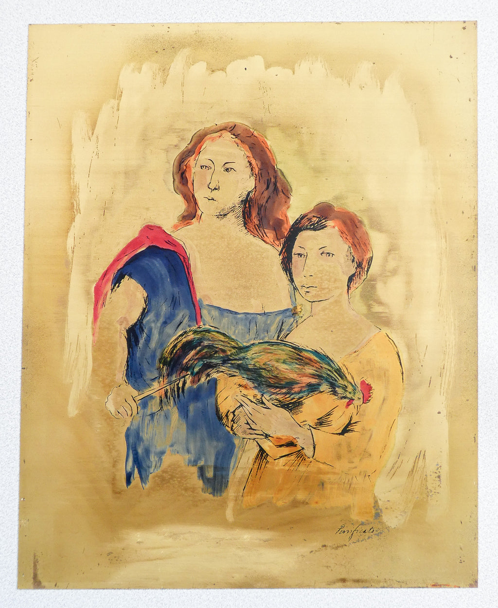 serigrafia ottone domenico purificato epoca 1960s donne gallina dipinto