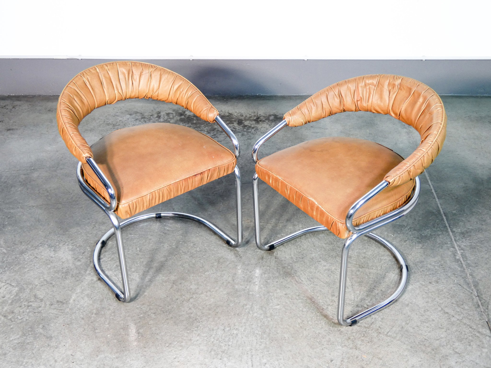set 4 sedie design giotto stoppino acciaio cromato pelle cantilever side chairs 