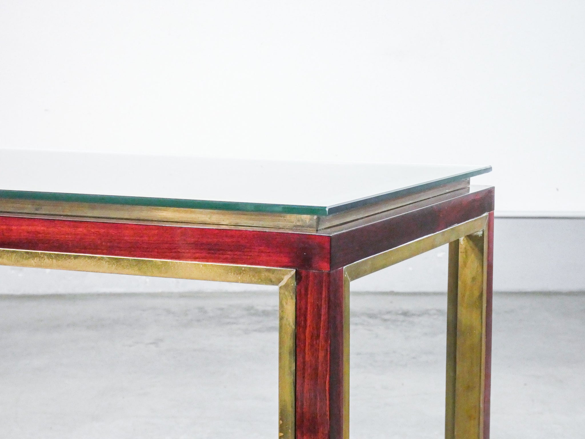 tavolino basso design mogano ottone vetro vintage italia epoca 1950s console