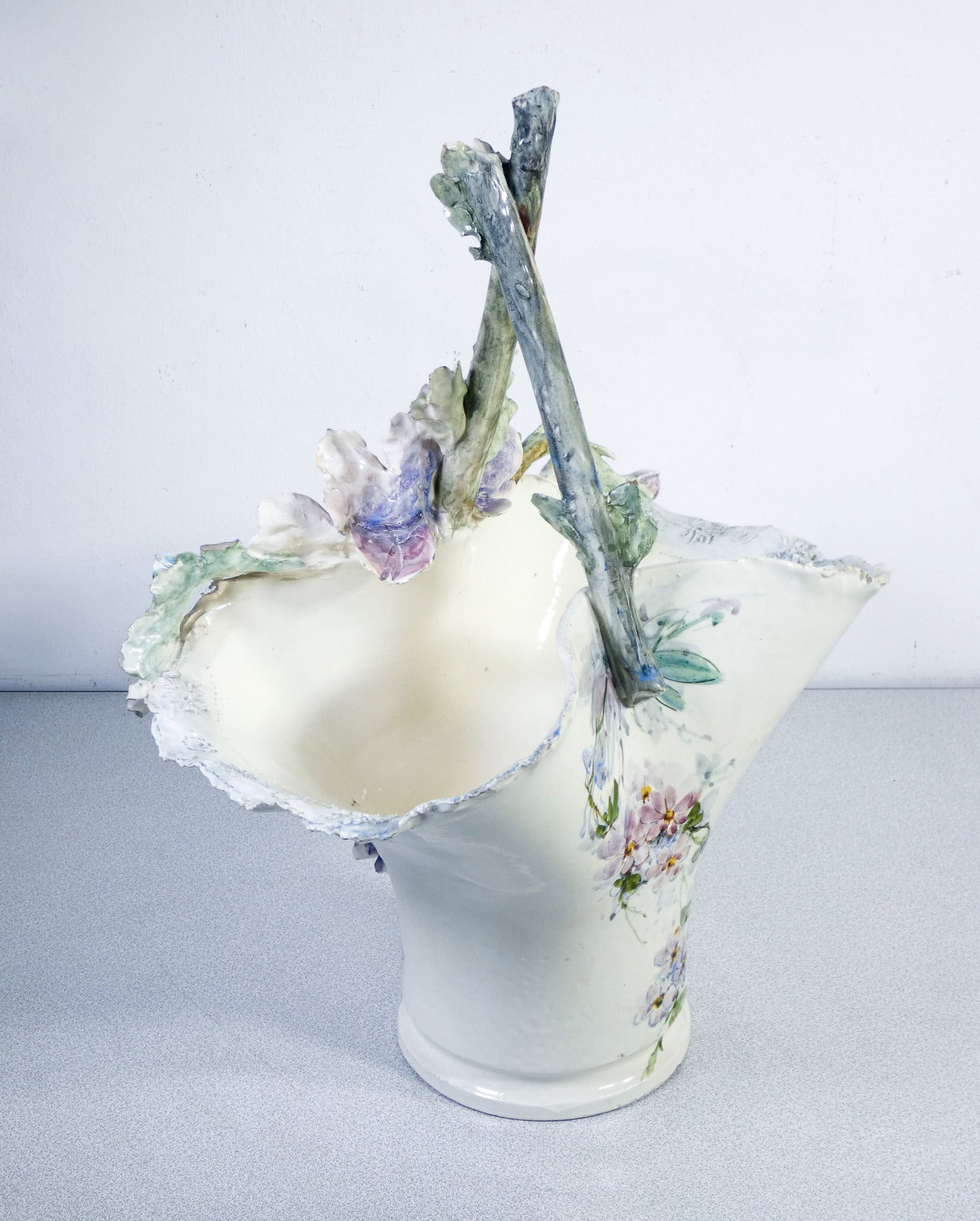 vaso cachepot barbotine cestino ceramica porcellana fiori dipinto a mano