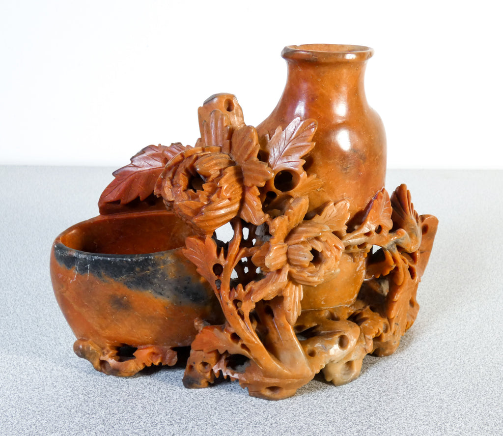 vaso cinese pietra scolpita intagliato steatite 1900 cina scultura floreale